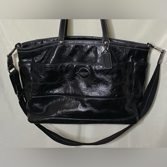 Black leather coach diaper bag shop